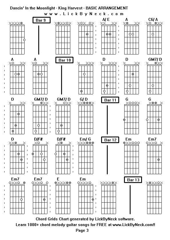 Chord Grids Chart of chord melody fingerstyle guitar song-Dancin' In the Moonlight - King Harvest - BASIC ARRANGEMENT,generated by LickByNeck software.